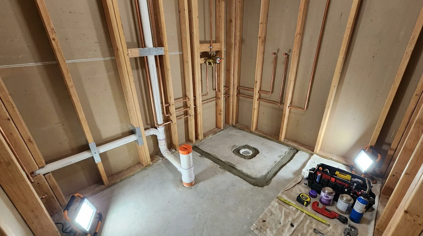 Bathroom rough-in plumbing during remodel by Johns Plumbing LLC in Brazil