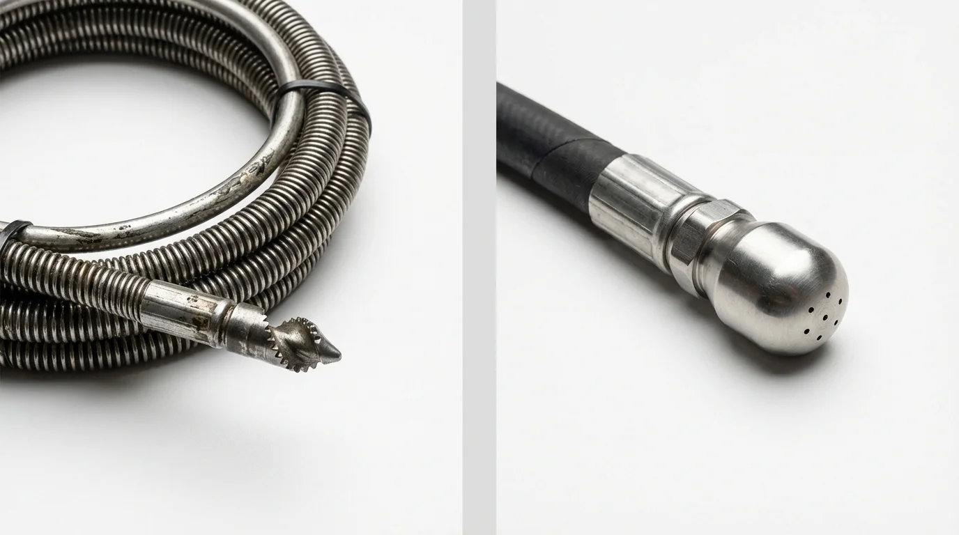 Drain snake cable and hydro jetting nozzle used for drain cleaning in Brazil, IN