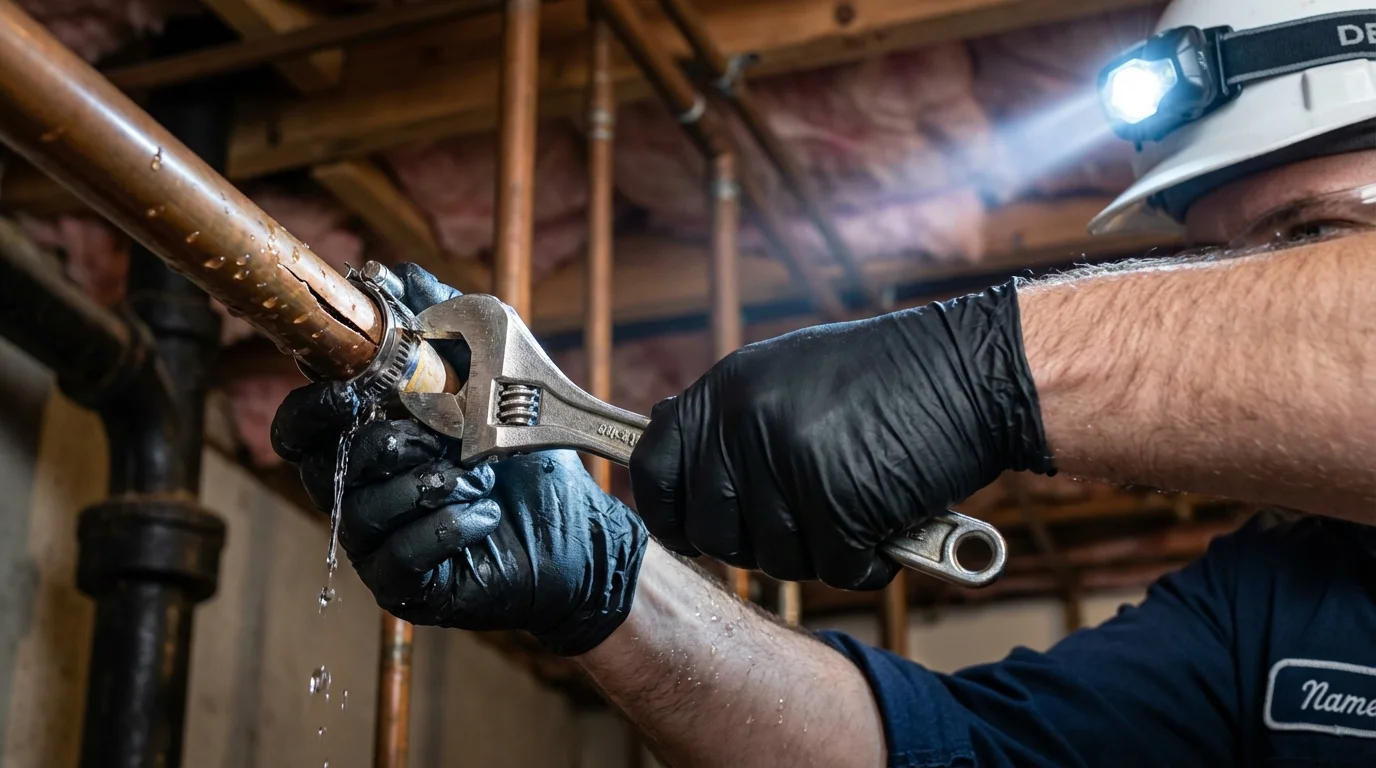 Emergency pipe clamp repair being performed by a Johns Plumbing LLC plumber in Brazil