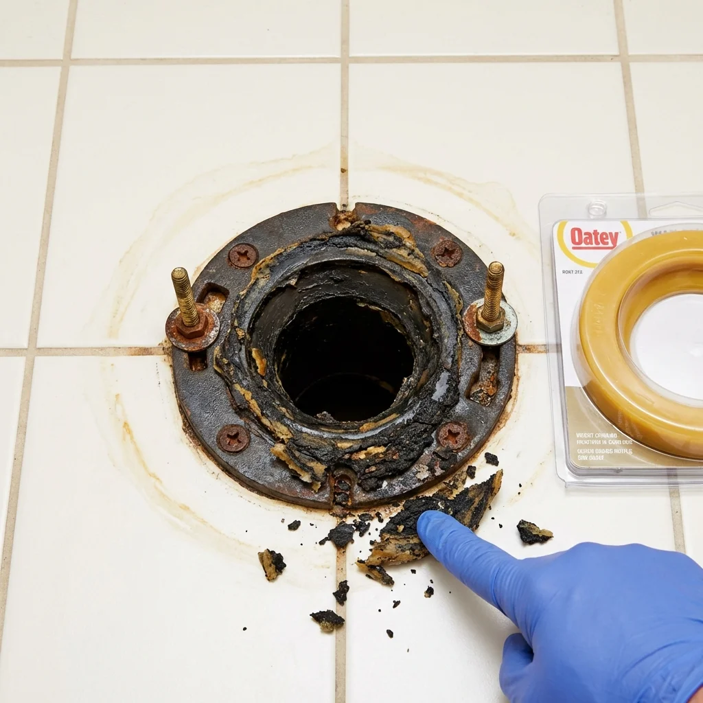 Failed wax ring showing water seepage at the base of a toilet in a Brazil, IN home