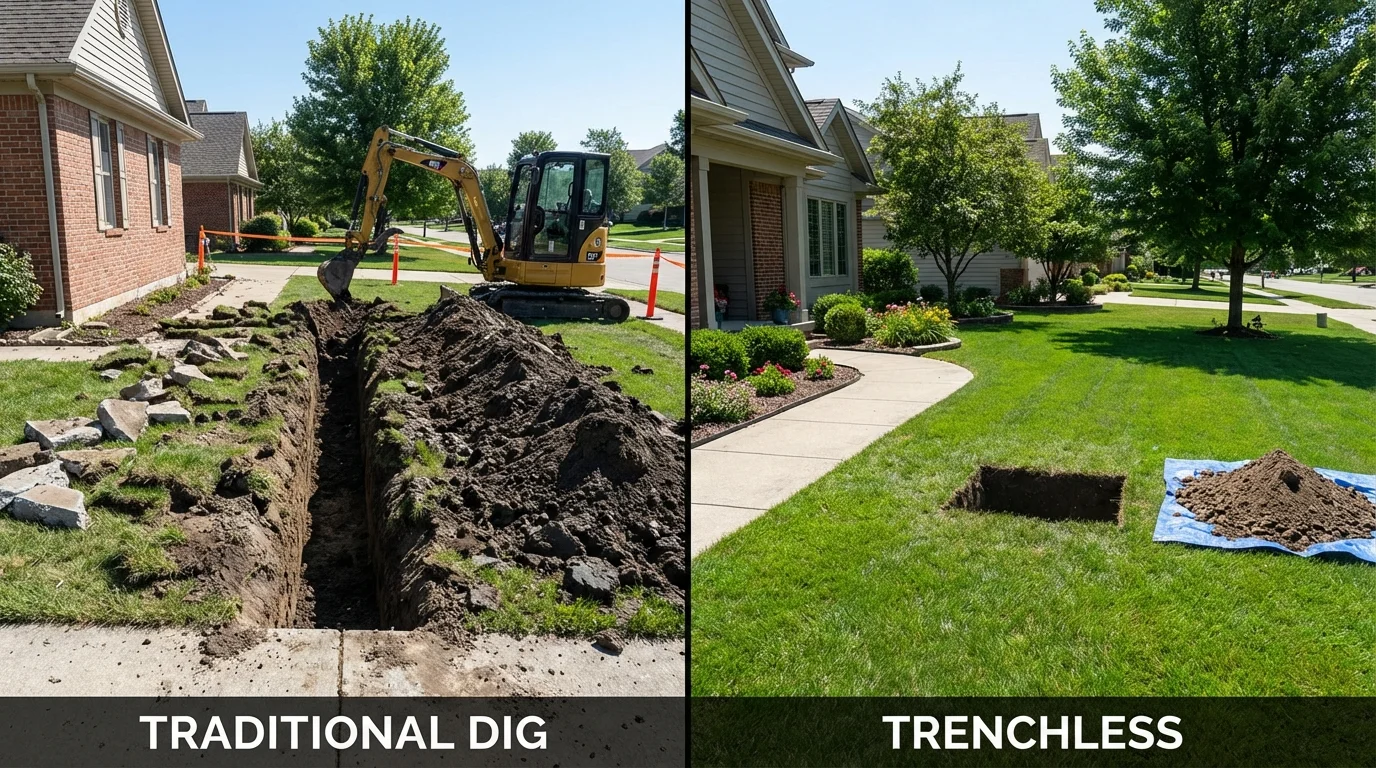 Trenchless sewer repair with minimal yard damage versus traditional excavation in Brazil, IN