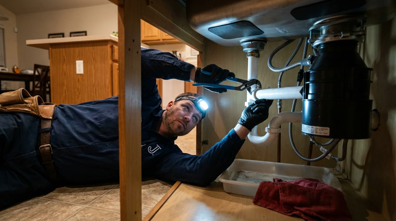 P-trap and supply line connections under a kitchen sink showing a common leak point in Brazil, IN